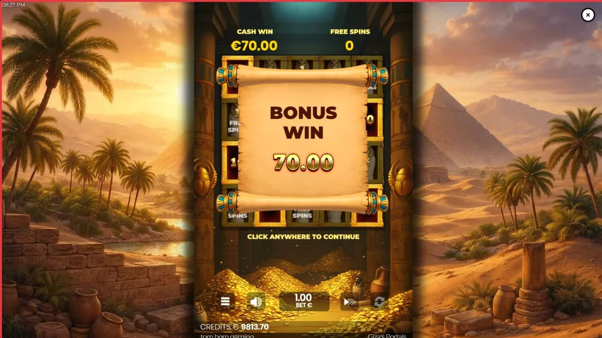Interface do jogo Giza's Portals com símbolos egípcios e pirâmides ao fundo
